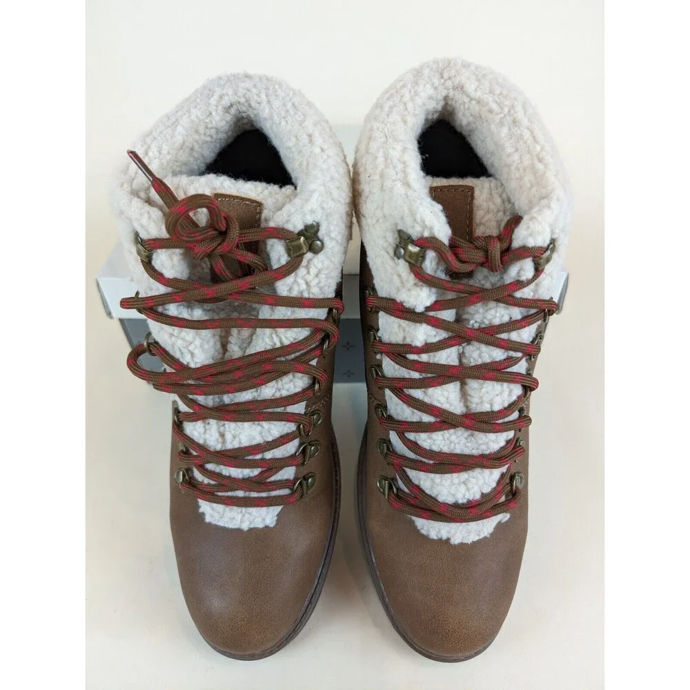 Sun Stone Glenn Lace Up Boots Mens 10 M Tan Faux Leather Fleece Shoes NWB